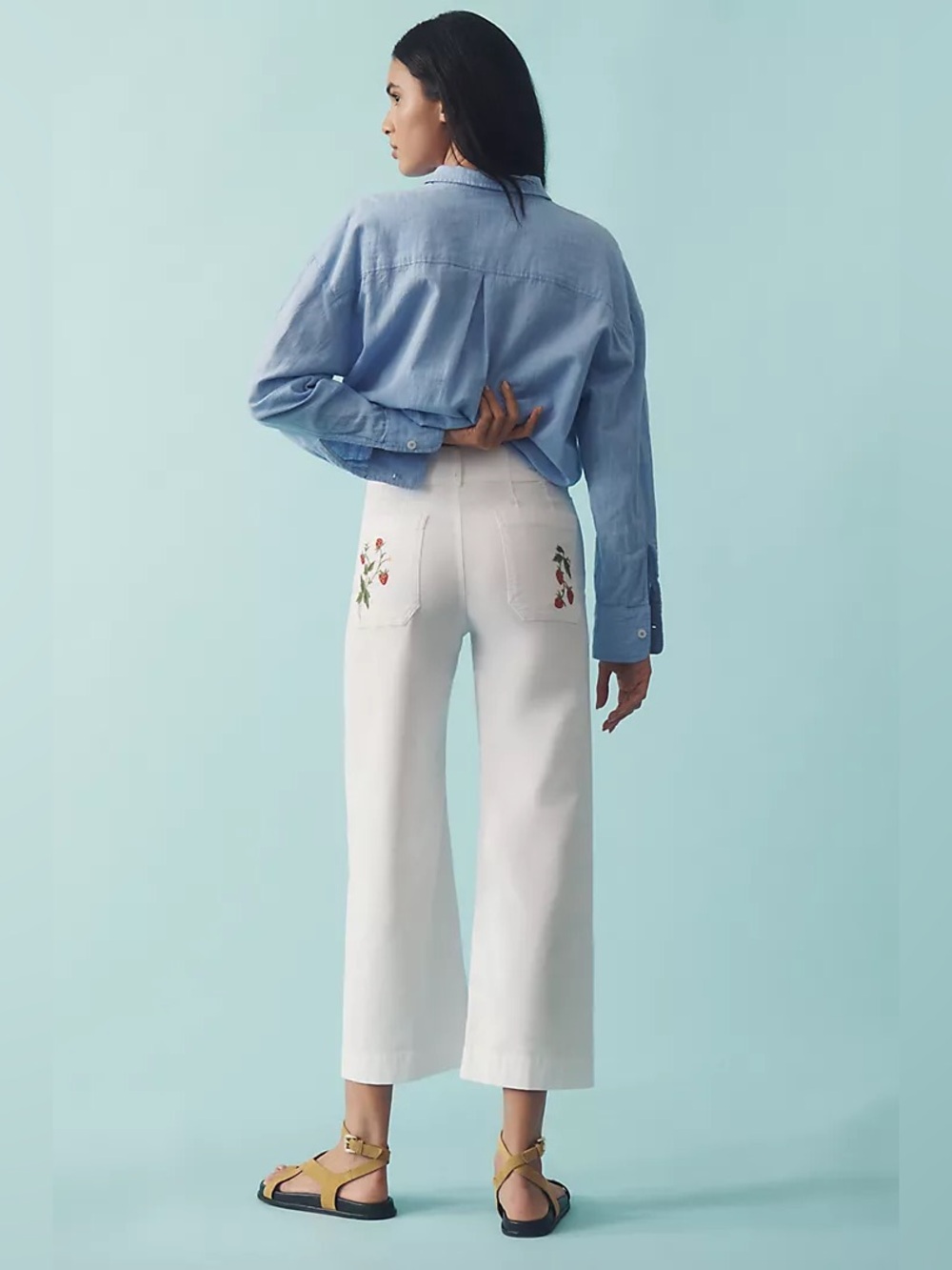 New Maeve x Anthropologie Colette Embroidered High-Rise Wide-Leg Pants 32P 32 P